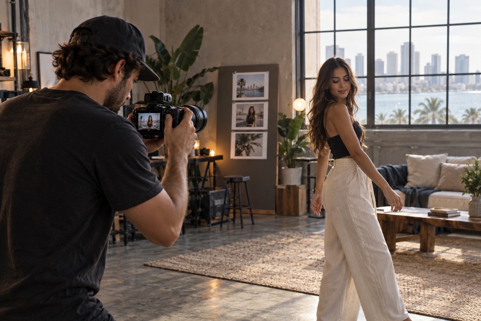 Videographer filming a lifestyle subject with a mirrorless camera during a one-camera B-roll sequence
