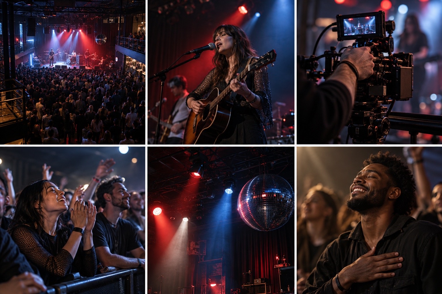 Six-frame contact sheet showing venue, performer, camera operator, crowd reaction, stage lights, and an audience response