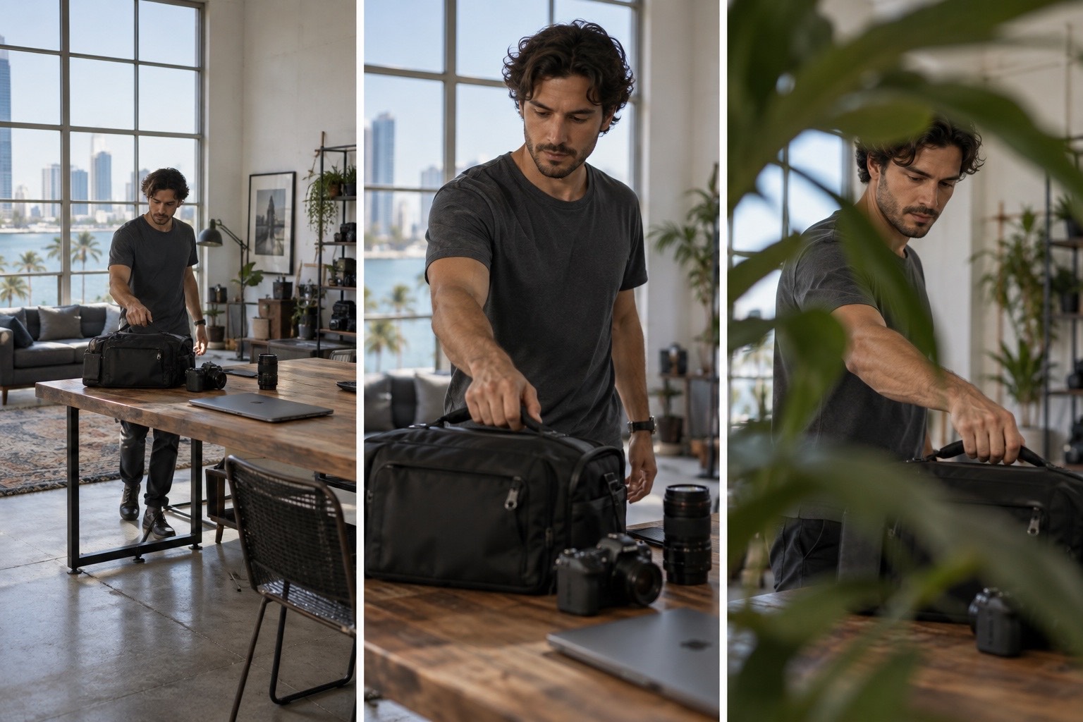 Three-frame sequence showing wide, medium, and foreground-reveal coverage of the same camera-bag action