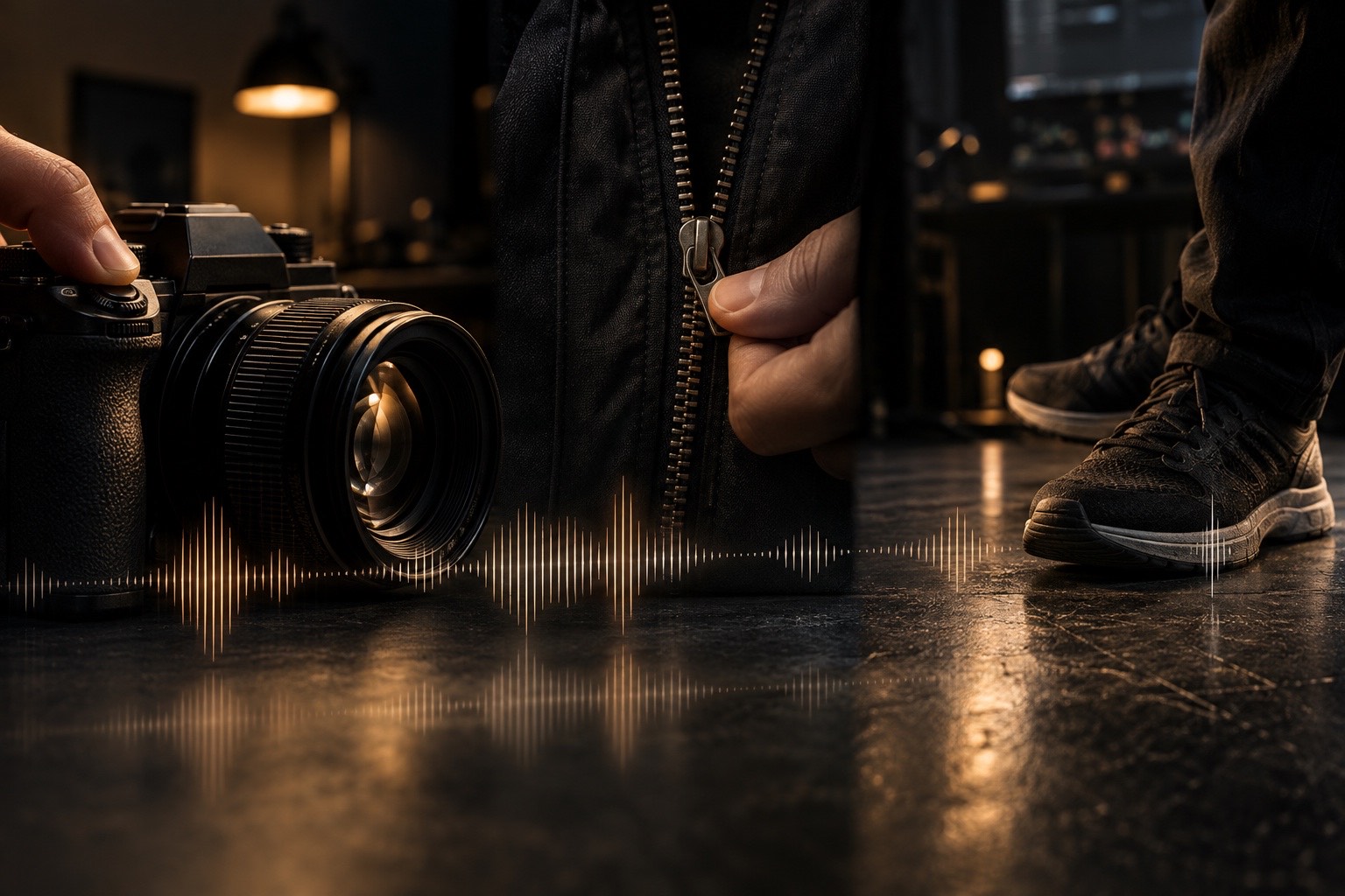 Camera, zipper, and sneakers arranged with a subtle audio waveform to illustrate natural production sound