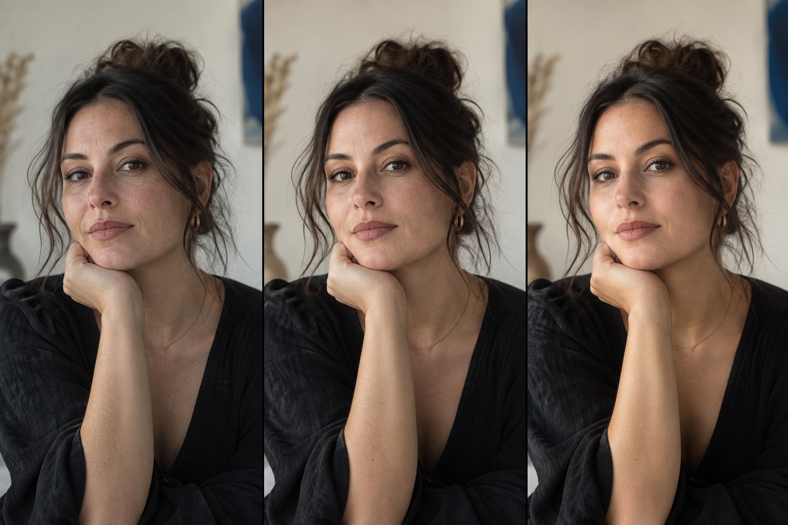 Three-stage portrait edit showing original capture, balanced global correction, and final Lightroom masked portrait
