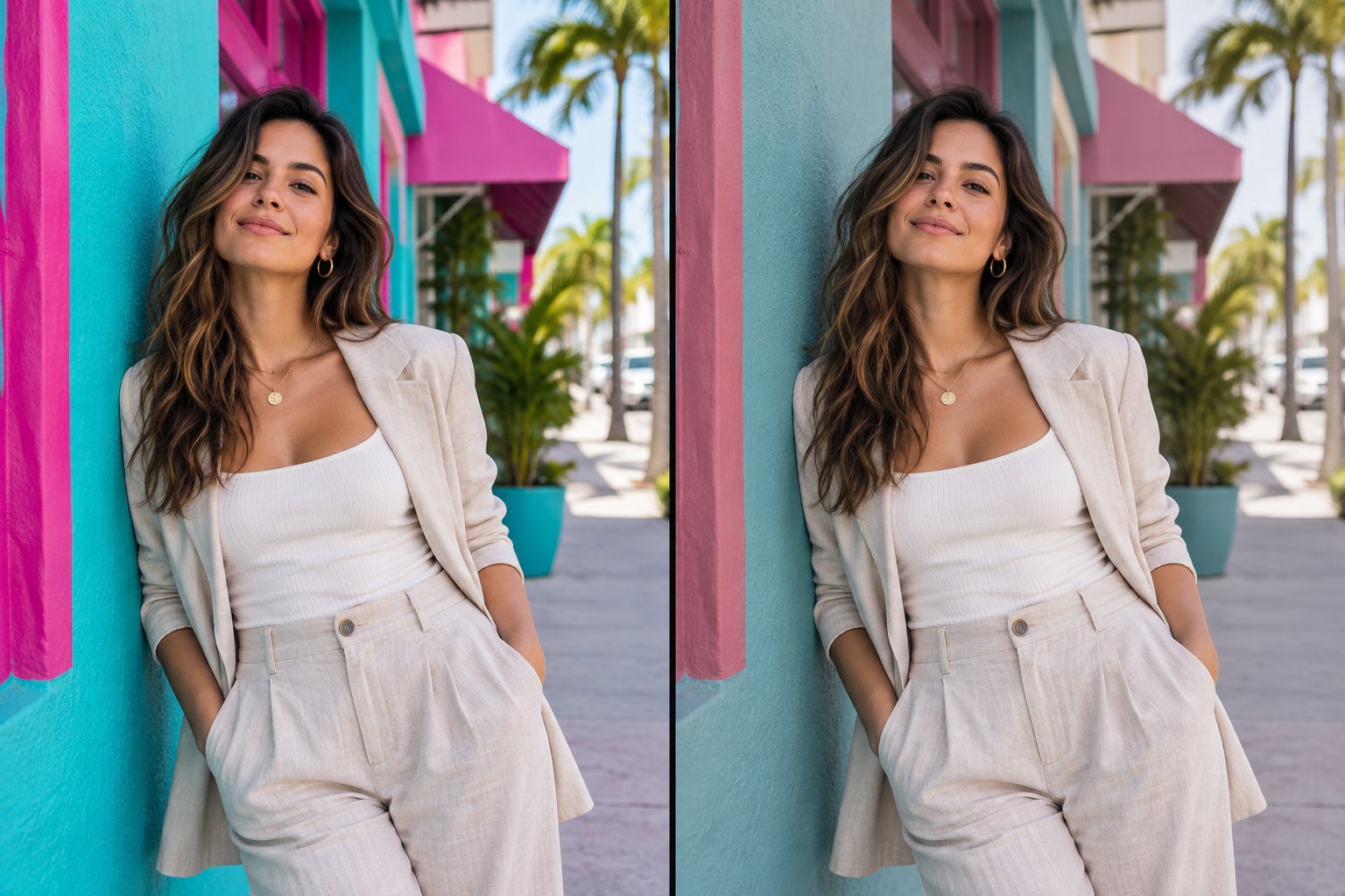 Miami environmental portrait before and after a selective Lightroom Color Range adjustment to the background