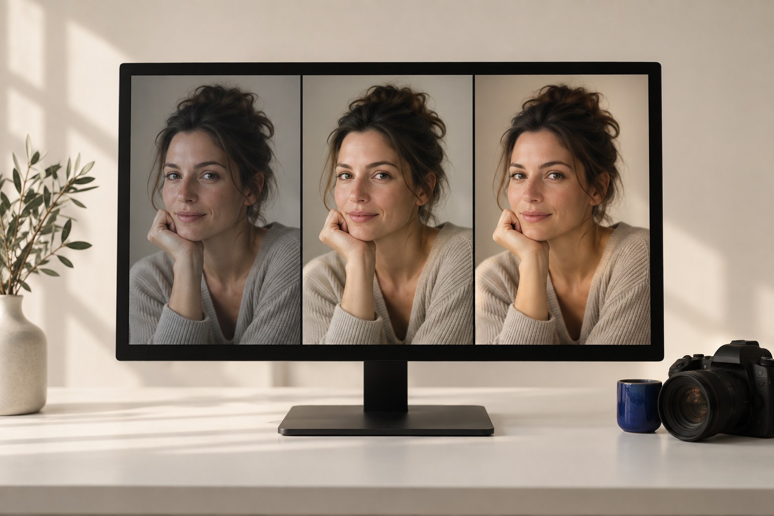 Three-stage portrait edit on a monitor showing original capture, balanced correction, and a finished Lightroom masked portrait