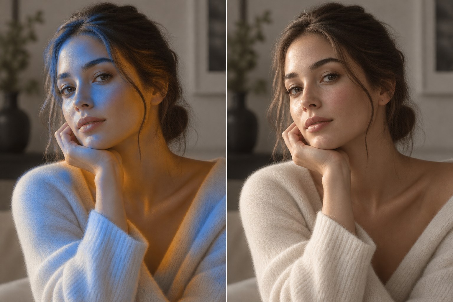 Portrait with a Lightroom luminance mask overlay beside the finished frame used to shape highlights and shadows