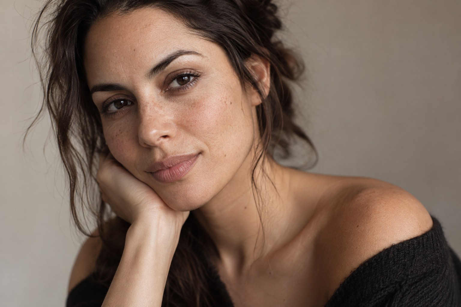 Close portrait crop demonstrating natural skin texture after subtle Lightroom People mask adjustments