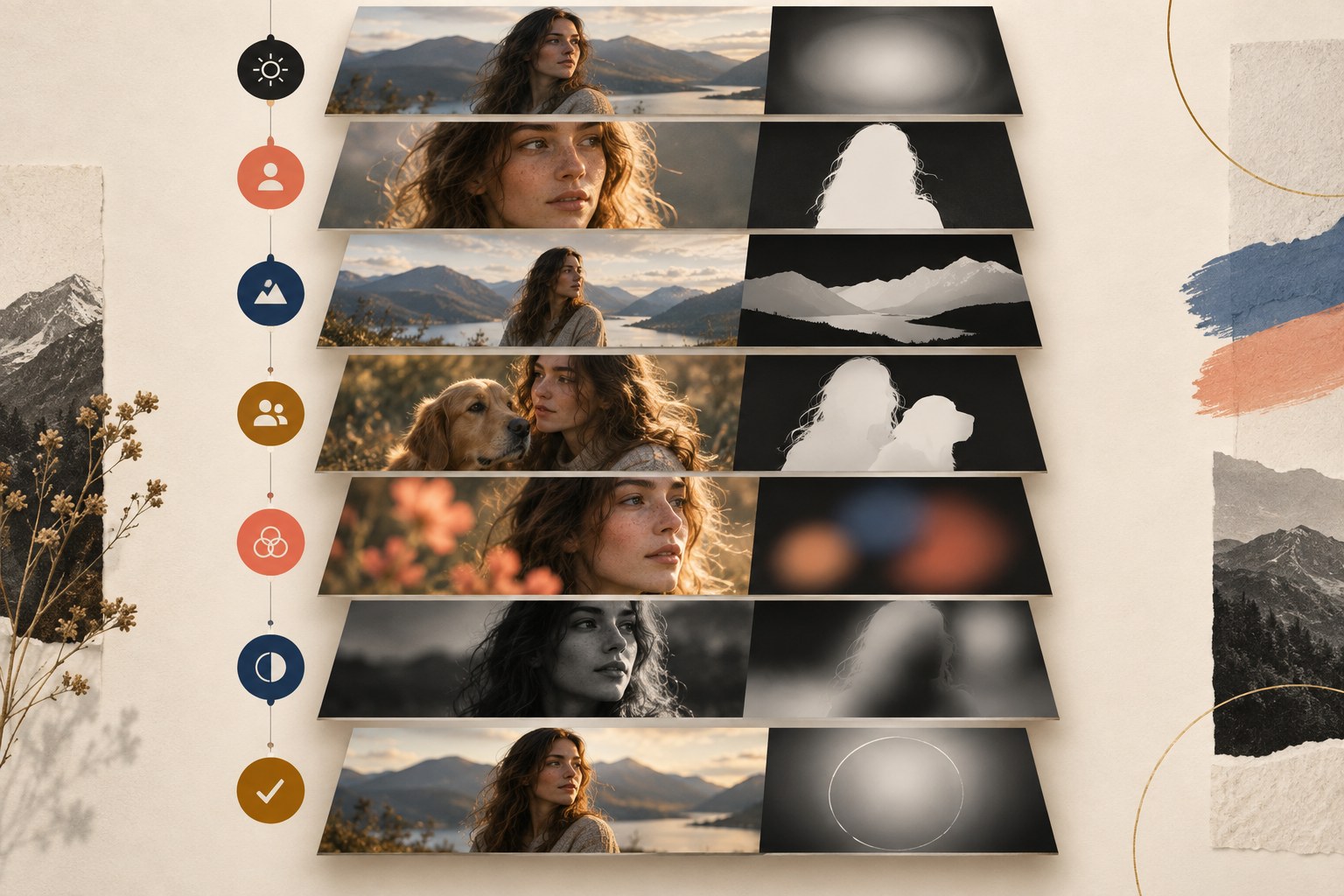 Seven-stage editorial graphic showing a repeatable Lightroom portrait masking workflow from global correction to final consistency check