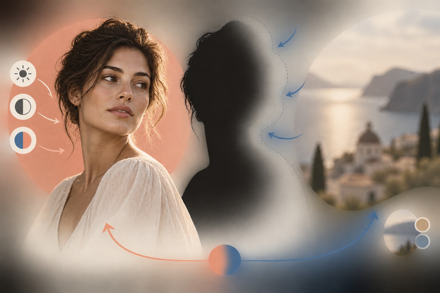 Editorial diagram separating portrait subject adjustments from background adjustments with refined mask edges