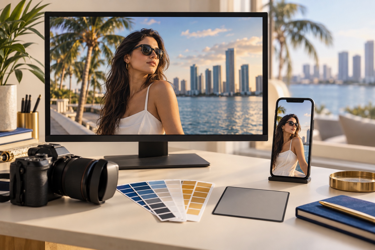 Same environmental portrait displayed on an editing monitor and smartphone to illustrate a color management workflow