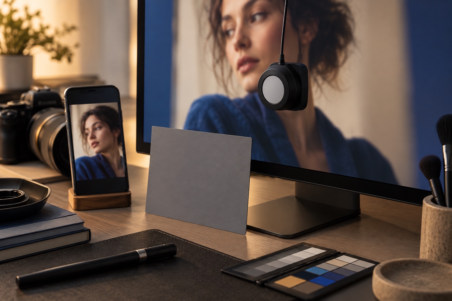 Portrait photographer comparing the same edited image on a calibrated desktop monitor and smartphone