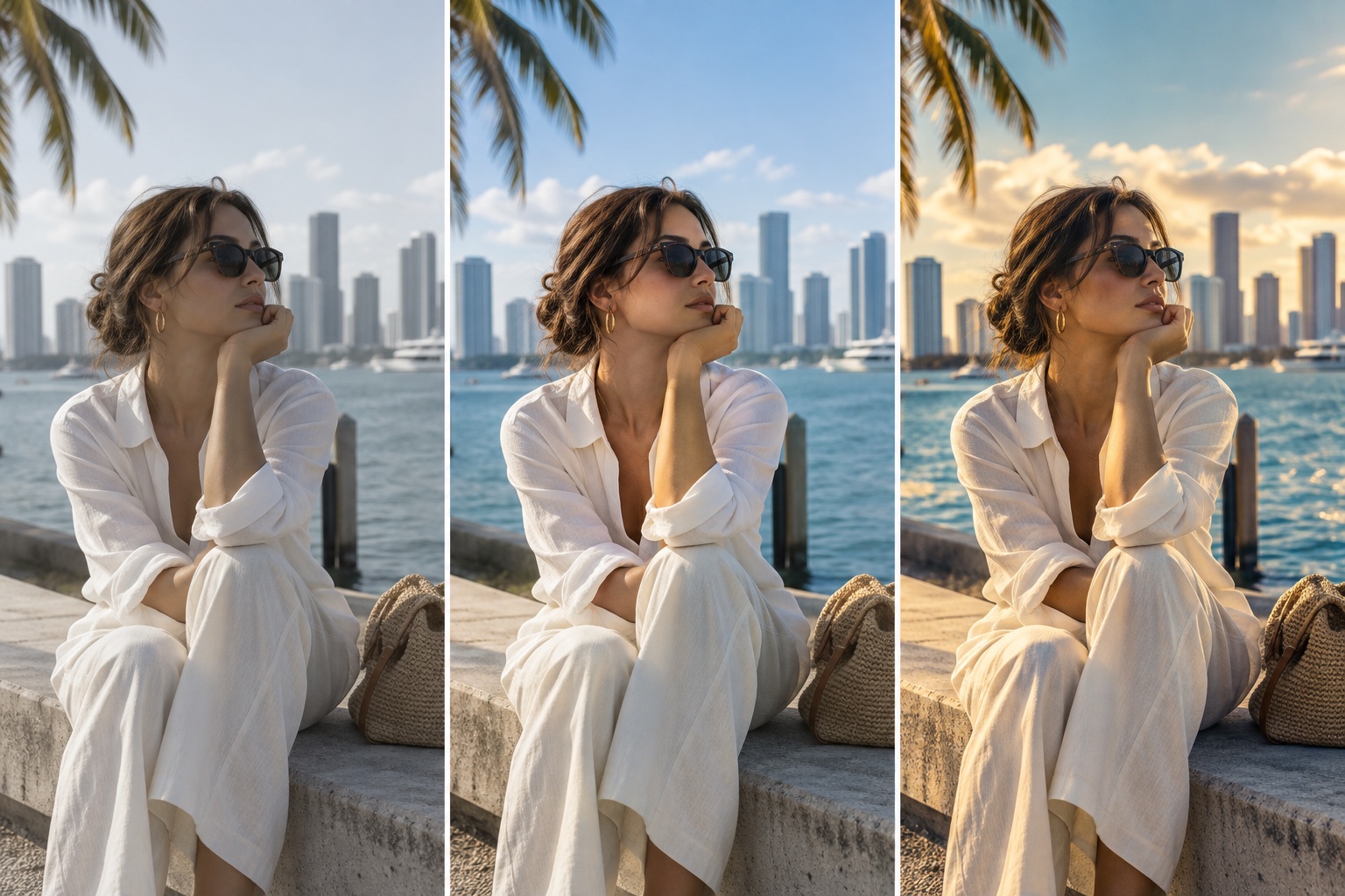 Environmental portrait shown as raw capture, neutral color correction, and finished creative grade