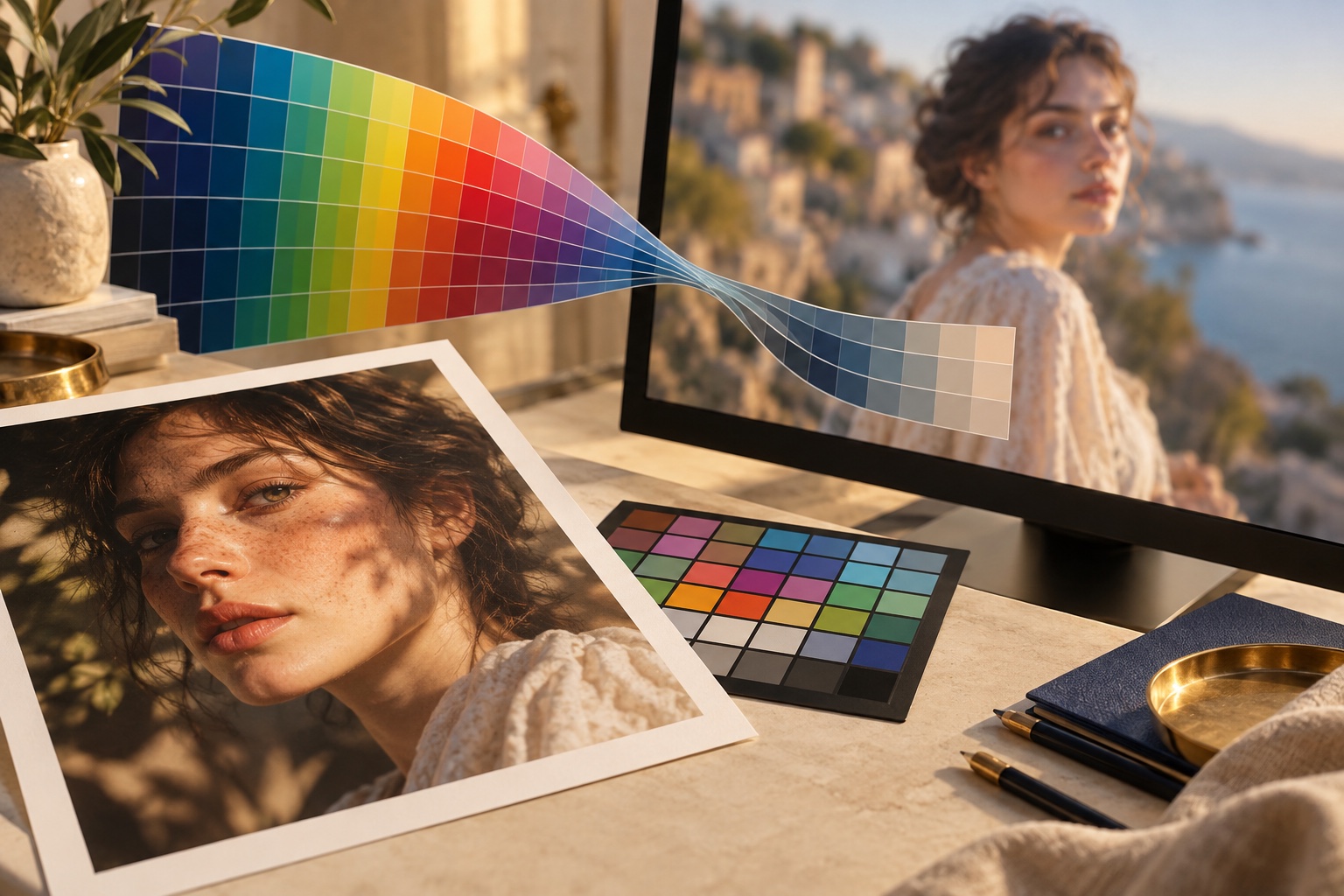 Color management diagram showing a portrait moving from a wide editing space through an export profile to a browser and display
