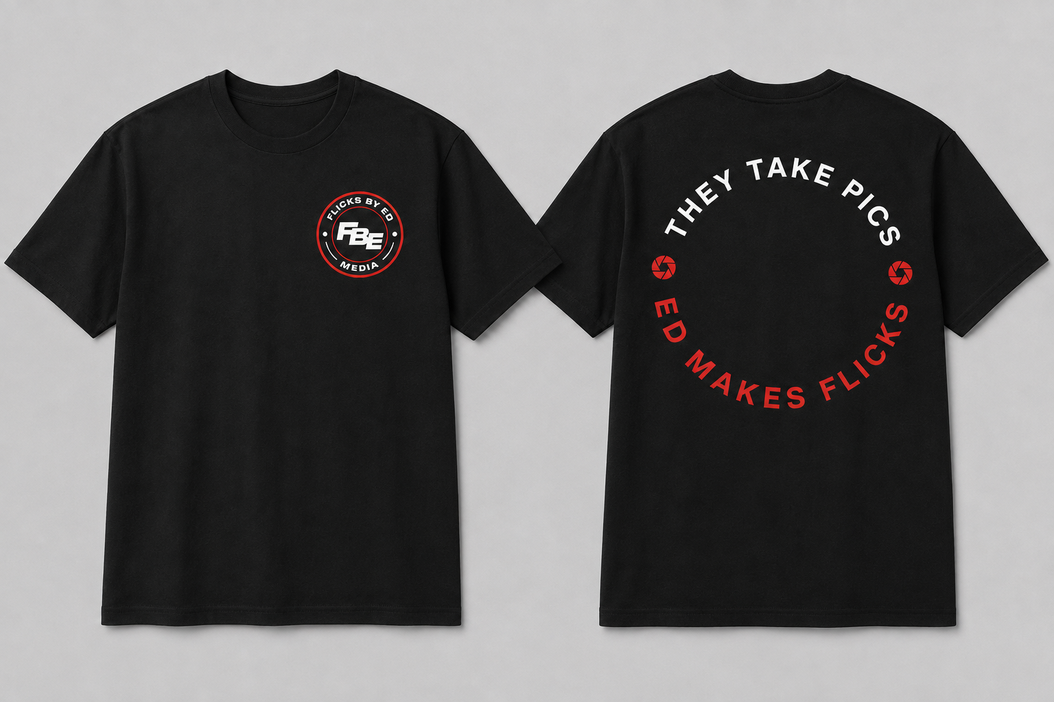 Black Flicks by Ed Signature Tee, with circular chest logo and red and white back design