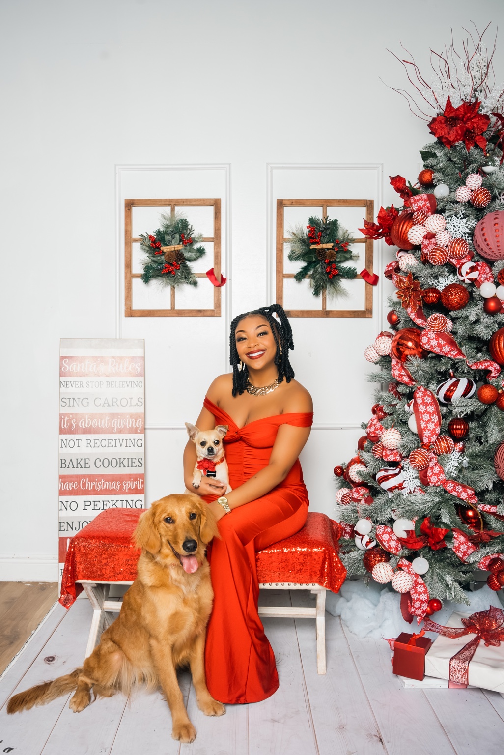 A person in a red outfit seated with two dogs beside a Christmas tree decorated in red and white.